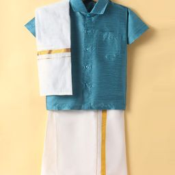 Dapper Dudes Half Sleeves Solid Shirt With Mundu & Angavastram Set - Teal Blue-picture-25
