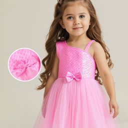 Babyhug Woven Sleeveless Fit & Flare Mesh Party Dress with Bow Applique & Sequin Embroidery - Pink-image-47