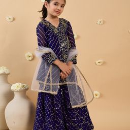 Pspeaches Georgette Three Fourth Sleeves Sequin Embellished Lehriya Printed Kurta Sharara Set With Dupatta - Voilet-image-73