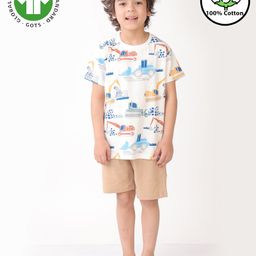 Anthrilo Cotton Knit Half Sleeves Excavators Printed Tee & Shorts Set - White & Beige-image-44