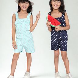Little Angels Cotton Pack Of 2 Sleeveless Stars Printed Jumpsuits - Light & Navy Blue-image-33