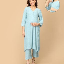The Mom Store Rayon Knit Three Fourth Sleeves Abstract Printed Maternity & Nursing Kurta With Coordinating Pant Set - Aqua-image-99