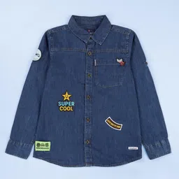 Kiddopanti Denim Woven Full Sleeves Super Cool & Adventure Text Patch Detailed Shirt - Blue-picture-21