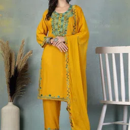 Shine N Sober Floral Embroidered Round Neck Straight Kurta With Trousers & Dupatta-picture-48