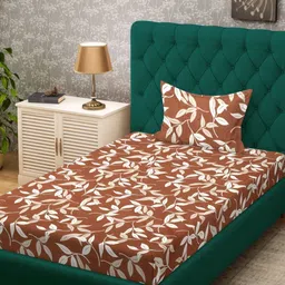 KLOTTHE Brown & White Floral Printed 300 TC Single Bedsheet With 1 Pillow Cover-2.25mx1.5m-picture-38