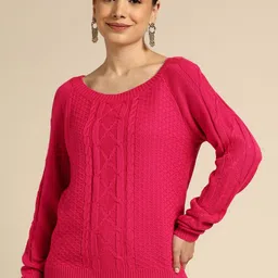 Anouk Women Pink Pure Acrylic Cable Knit Pullover-picture-4