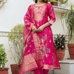 CANBIA Floral Woven Design Chanderi Silk Straight Kurta With Trousers & Dupatta-image-45