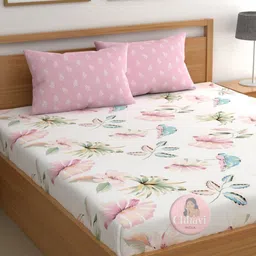 CHHAVI INDIA White & Pink Floral 210 TC King Bedsheet with 2 Pillow Covers-image-32