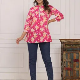 KALINI Floral Print Mandarin Collar Cotton Top-image-54