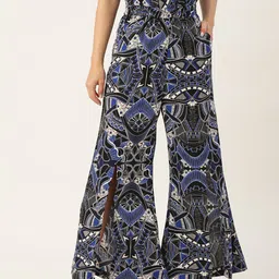Antheaa Women Black & Blue Printed Comfort Front Slit Flared High-Rise Trousers-37