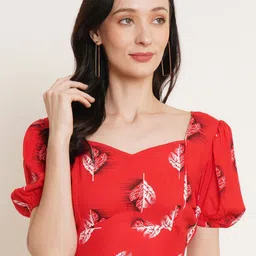 Moda Rapido Women Conversational Print Sweetheart Neck Puff Sleeve Crepe Crop Top-picture-17