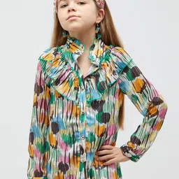 One Friday Abstract Printed Band Collar Shirt Style Top-picture-21