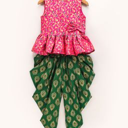 Twisha Sleeveless All Over Flower Motif Print Peplum Style Top With Contrast Dhoti - Pink Green-image-73