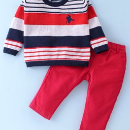 ToffyHouse 100% Cotton Full Sleeves Winter T-Shirt & Corduroy Pant Set Stripes Design - Red & Blue-image-72