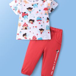 Doodle Poodle 100% Cotton Half  Sleeve Fairy Printed T-Shirt With Full Lounge Track Pant-White & Red-image-99