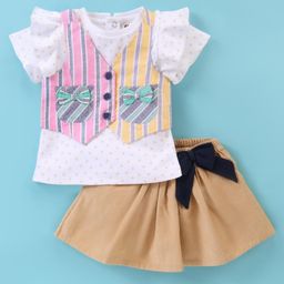 ToffyHouse 100% Cotton Knit Half Sleeves Top with Striped Jacket & Skirt  Bow Applique - Multicolour-image-12