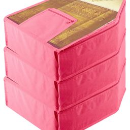 Kuber Industries Blouse Cover  Clothes Storage Bag  Zipper Wardrobe Organizers  Clothes Organiser with Attached Pocket  Non-Woven Front Transparent Blouse Cover  Pack of 3  Pink-23