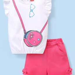 Babyhug Single Jersey Knit Frill  Sleeves Top & Shorts Set with Sling Print - White & Pink-image-33