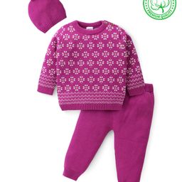 Babyhug Knitted Full Sleeves Pullover Sweater Set With Cap & Floral Design - Purple-image-100