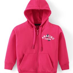 Doreme Terry Knit Full Sleeves Hooded Sweat Jacket Text Print & Kangaroo Pockets - Punch Pink-picture-20