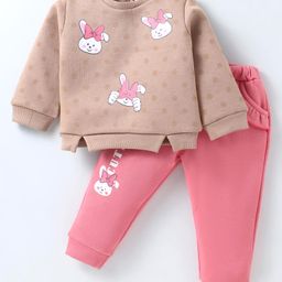 ToffyHouse Fleece Knit Full Sleeves Winter Wear Top & Lounge Pant Set with Bunny Print - Tan & Pink-14