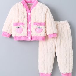 Kookie Kids Full Sleeves Winter Wear Night Suit With Fruits Applique - Cream & Pink-image-25