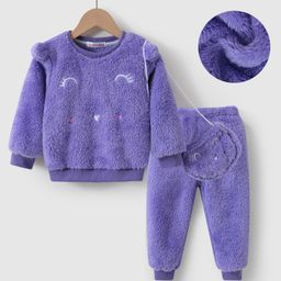 Kookie Kids Full Sleeves Fur Winter Wear Top & Lounge Pant Set With Ear Applique & Sling Bag - Purple-image-51