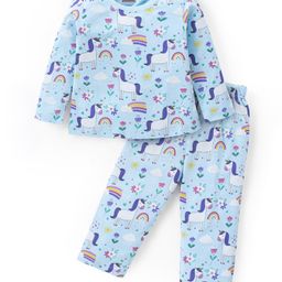Babyhug Cotton Knit Full Sleeves Night Suit With Unicorn & Floral Print - Blue-image-67
