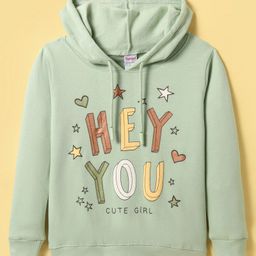 Tango Fleece Knit Full Sleeves Hooded Sweatshirt with Text Print - Mint Green-image-56