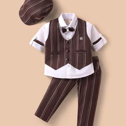 Rikidoos Full Sleeves Solid Shirt With Striped Waistcoat Pant Cap & Bow Set - Coffee & White-picture-24