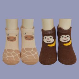 Yellow Bee Cotton Pack Of 2 Giraffe & Monkey Designed Socks Set - Brown & Beige-15