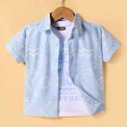 Little Kangaroos Cotton Woven Leaf Print Half Sleeves Shirt with T-Shirt - Light Blue-image-94