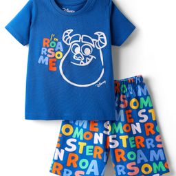 Babyhug Disney Single Jersey Knit Half Sleeves Shorts Night Suit With Monster Graphic - Blue-image-3