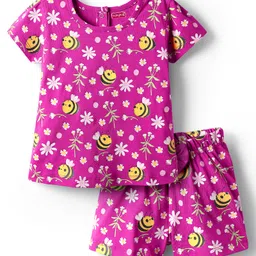 Babyhug Cotton Knit Half Sleeves Shorts Co-ord Night Suit With Bee & Floral Print - Dark Pink-picture-36