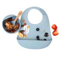 Kids Station 3 Piece BPA-Free Silicone Baby Feeding Set - Baby Bib - Spoon and Bowl - Make Mealtime Fun and Easy for Your Little One - for Infants + Toddlers - Baby Self Feeding Habit - Blue-image-95