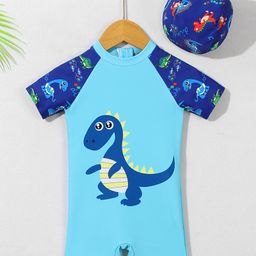Babyhug Half Raglan Sleeves Legged Swimsuit With Dino Print & Cap - Light Blue-image-35