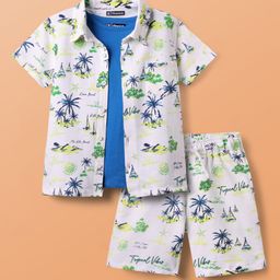 Pine Kids Single Jersey Knit Half Sleeves Shirt & Shorts Co-Ord Set With Inner Tee & Tree Print - White & Blue-image-55