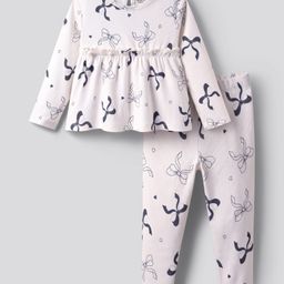 Bonfino 100% Cotton Knit Rib Fabric Full Sleeves T-Shirt & Leggings Set With Bow & Heart Print - Ivory-image-83