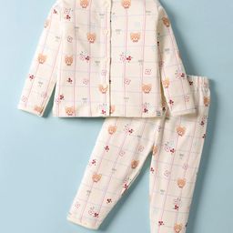 First Smile Sinker Knit Full Sleeves Co-ords Front Open Checkered Night Suit with Bear Print - Cream-image-5