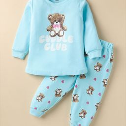 Pink Rabbit Interlock Knit Full Sleeves Night Suit with Bear Print - Aqua Blue-image-27
