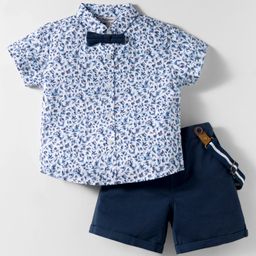 ToffyHouse Cotton Woven Half Sleeves Floral Printed Party Shirts & Shorts Set with Bow & Suspender - Navy Blue-picture-21