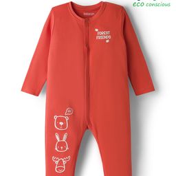 Babyoye 100% Cotton Interlock Knit Full Sleeves Front Open Rompers with Forest Friends Print - Red-picture-22