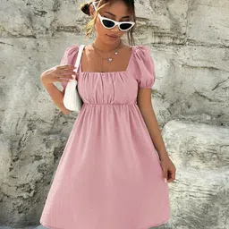 BAESD Puff Sleeve Georgette A-Line Midi Dress-image-84