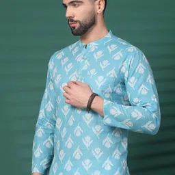 Sangria Turquoise Blue Floral Printed Mandarin Collar Cotton Short Kurta-image-23