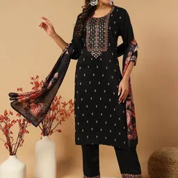 Anouk Black Floral Embroidered Chanderi Silk Straight Kurta with Trousers & Dupatta-image-40