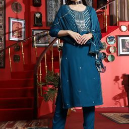 BANDIA Floral Embroidered Sequinned Straight Kurta with Trousers & Dupatta-image-19