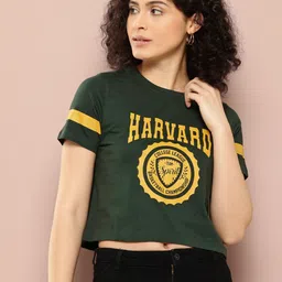 Harvard Women Brand Logo Printed Pure Cotton Crop T-shirt-picture-28