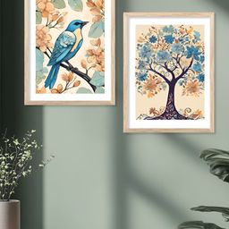 Kotart Brown & Blue 2 Pieces Floral And Botanical Wooden Wall Arts-picture-1