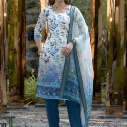 Pristine White Printed Cotton Kurta Set with Linen Dupatta-picture-13