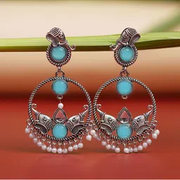 Zoey German Silver-Plated Stones Studded & Beaded Animal Shaped Oxidised Drop Earrings-44